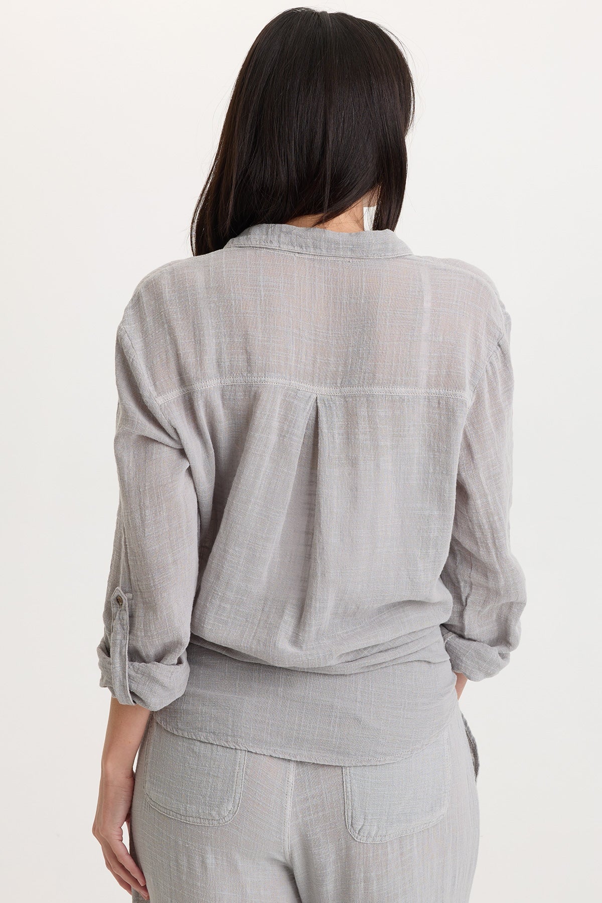 Porter Gauze Curved Hem Button-Up Top