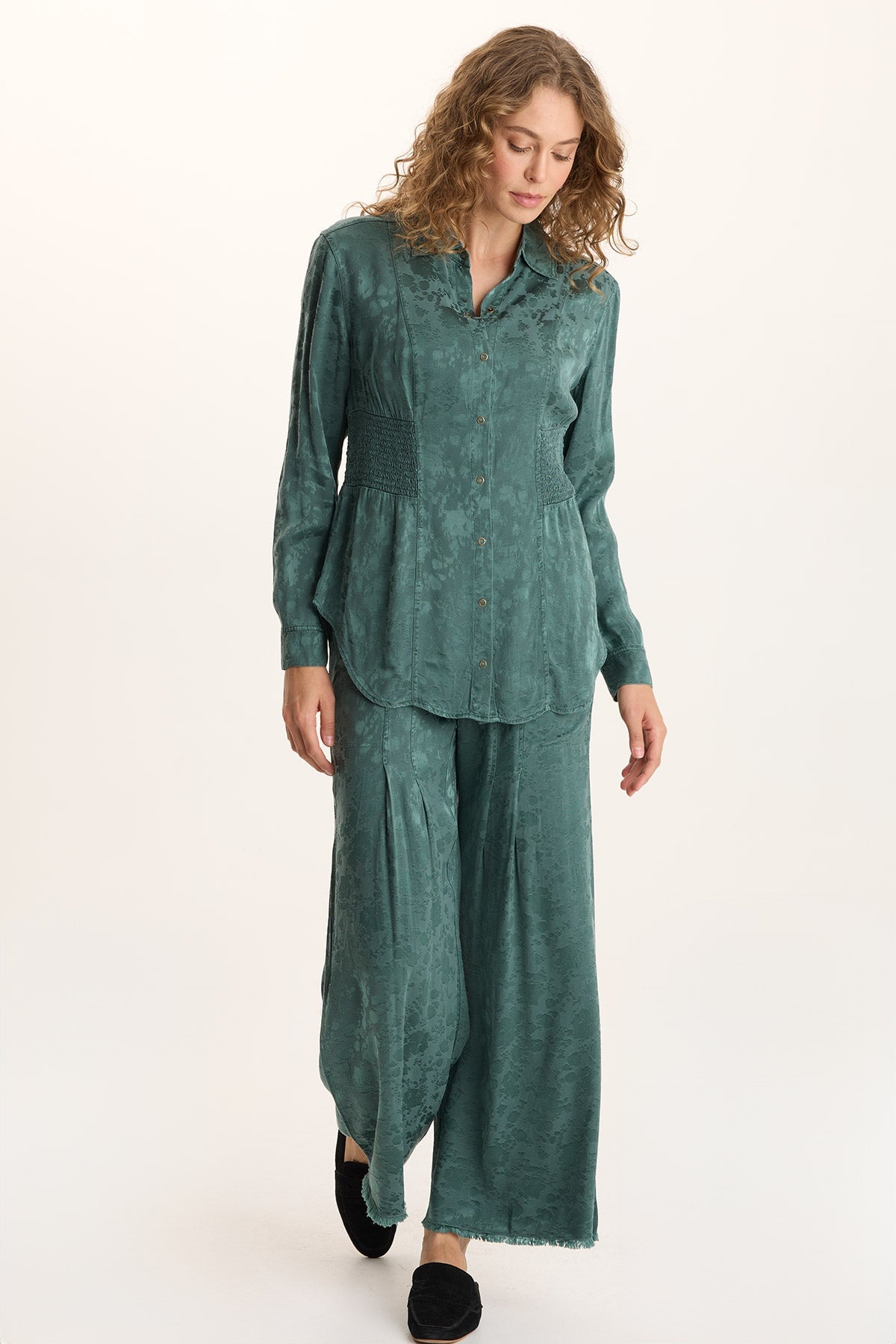 Senneca Textured Satin Shirred Peplum Button-Up Blouse