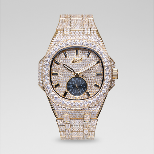 39MM Visionary Fully Iced Case & Steel Band Watch - Yellow Gold