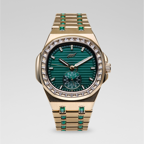39MM Visionary Moissanite Iced Emerald Stone Band Watch - Yellow Gold