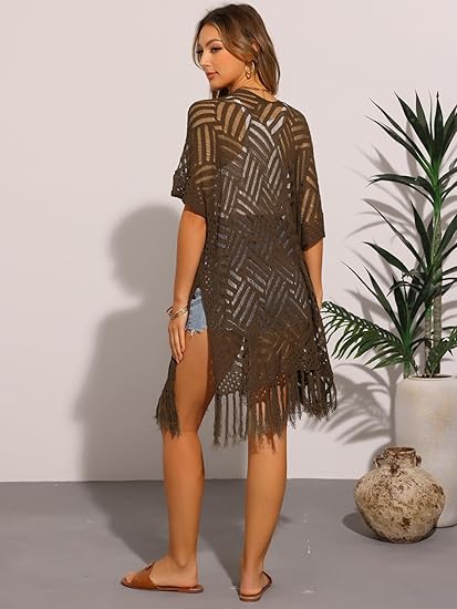 🌸2026 Women’s Lightweight Knit Cardigan – Oversized Open Front, Hollow-Out Crochet Tassel Kimono Sweater for Spring & Summer