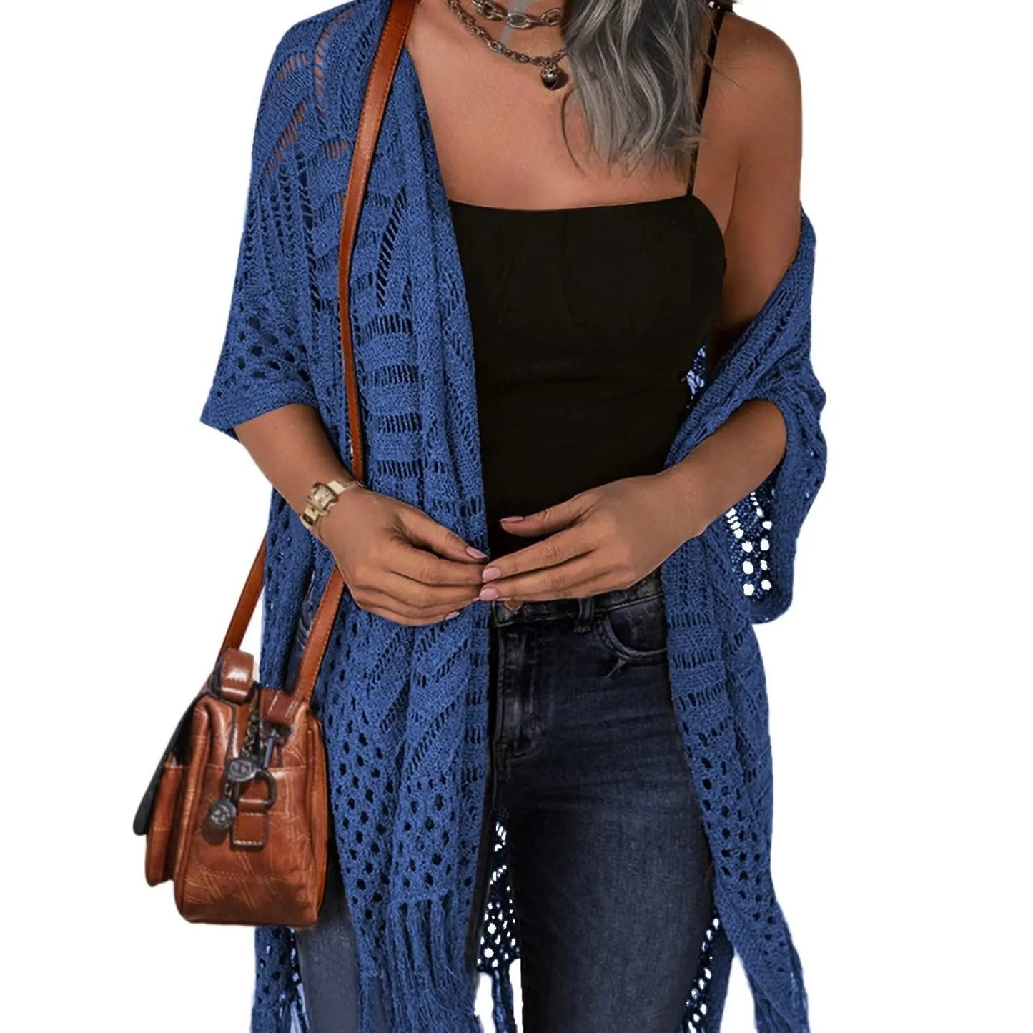 🌸2026 Women’s Lightweight Knit Cardigan – Oversized Open Front, Hollow-Out Crochet Tassel Kimono Sweater for Spring & Summer