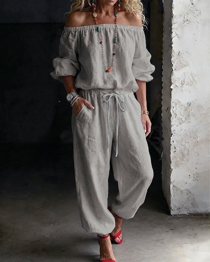 🌸 2026 Women’s Airy Linen-Style Two-Piece Set – Off-Shoulder Long Sleeve Top & Relaxed Wide-Leg Pants for Spring & Summer