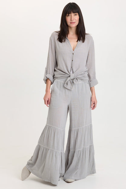 Porter Gauze Curved Hem Button-Up Top