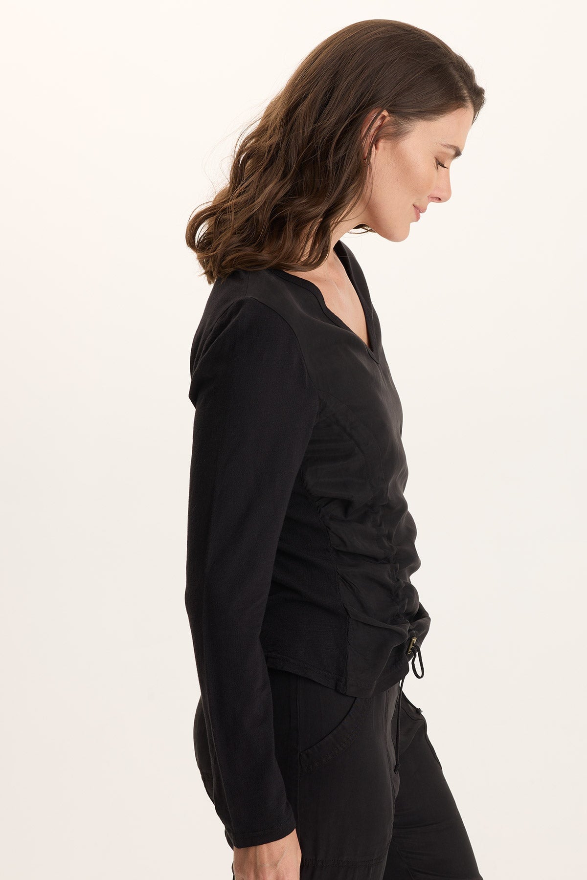 Ketti Long Sleeve Twill/Jersey Ruched V-Neck