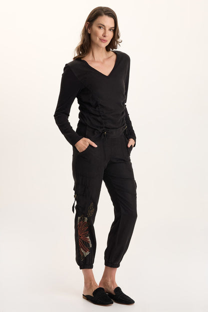 Ketti Long Sleeve Twill/Jersey Ruched V-Neck