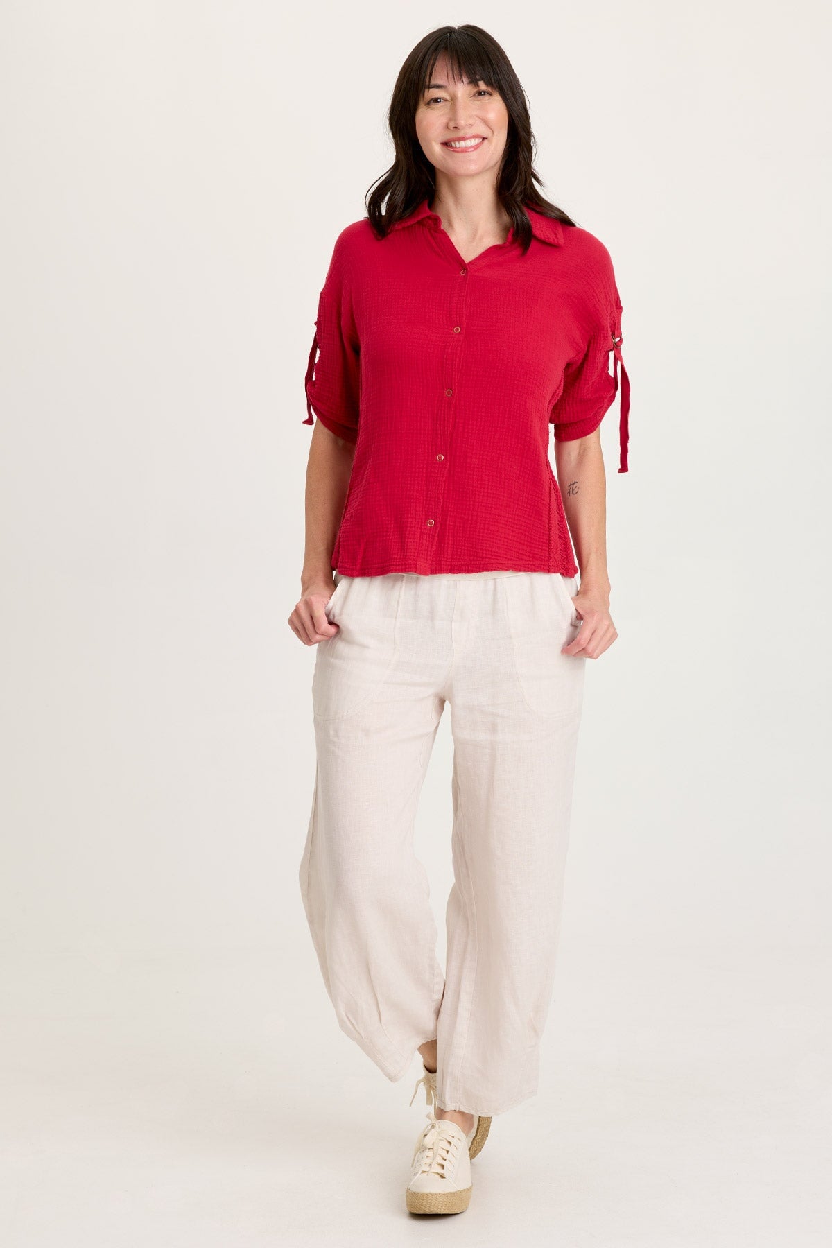Kaleo Gauze Lace Trim Snap-Up Top