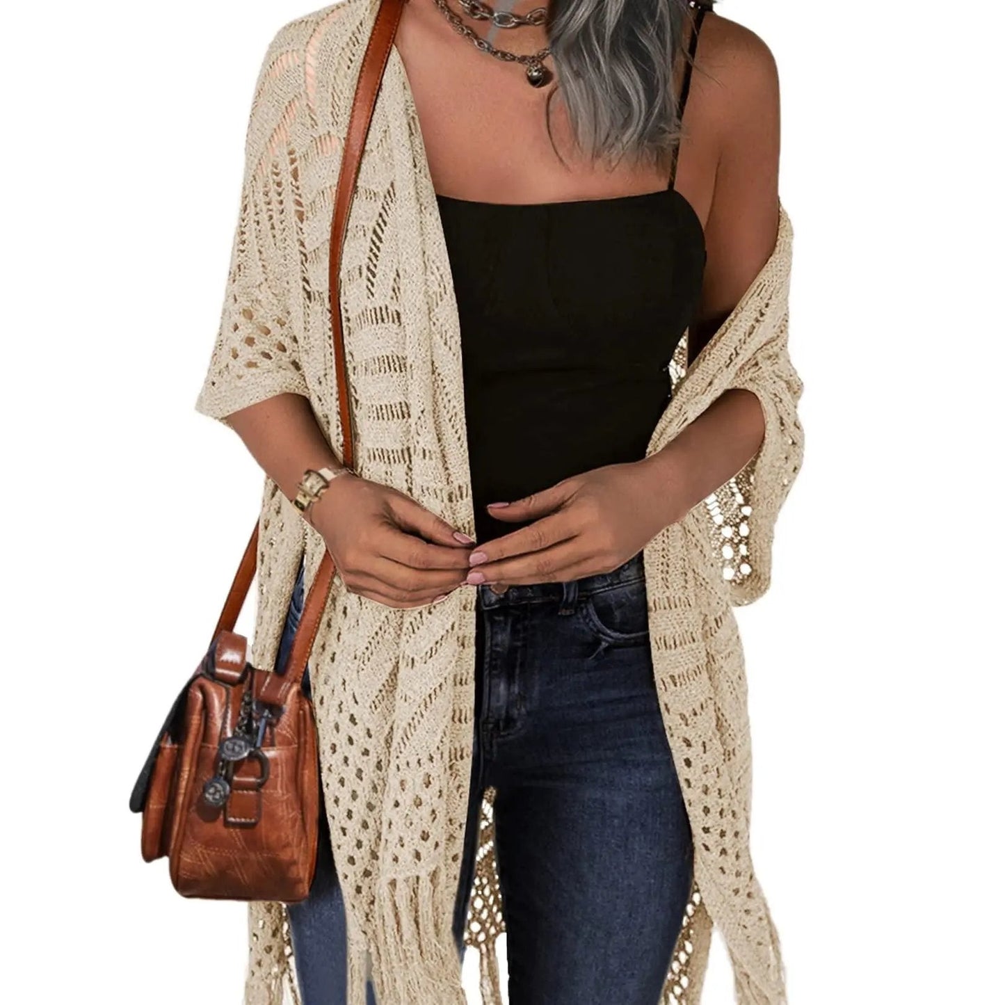 🌸2026 Women’s Lightweight Knit Cardigan – Oversized Open Front, Hollow-Out Crochet Tassel Kimono Sweater for Spring & Summer