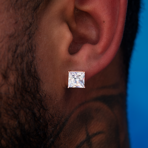 8MM Square Cut Diamond Stud Earrings - Rose Gold