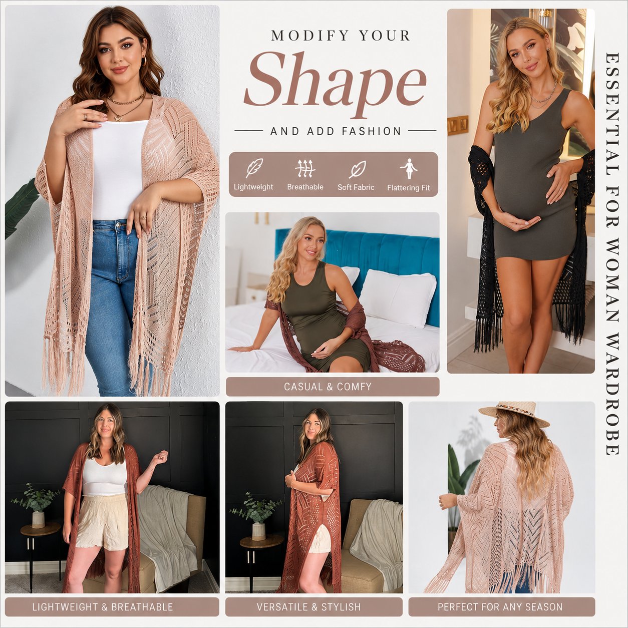🌸2026 Women’s Lightweight Knit Cardigan – Oversized Open Front, Hollow-Out Crochet Tassel Kimono Sweater for Spring & Summer