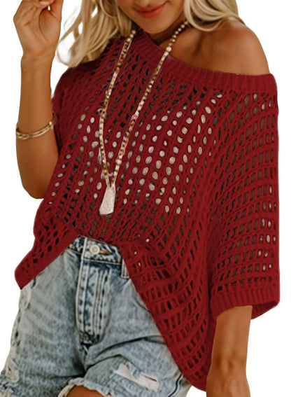 Summer Sale 49% OFF 🎁 Womens Summer Scoop Neck ShortSleeve Sweater Casual Crochet Hollow Out KnitTops