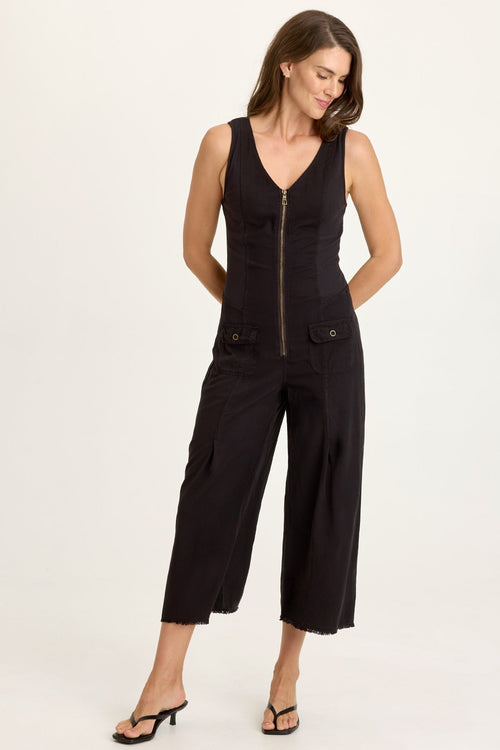 Linette Twill Zip-Up V-Neck Jumpsuit