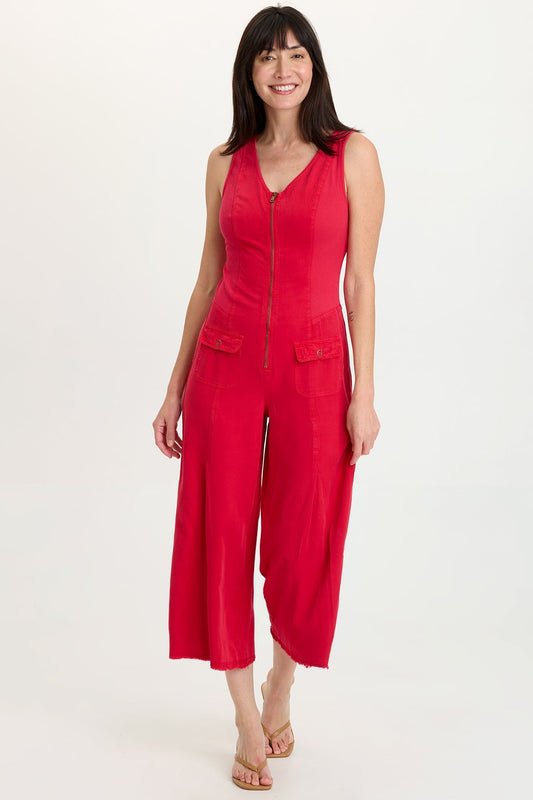 Linette Twill Zip-Up V-Neck Jumpsuit