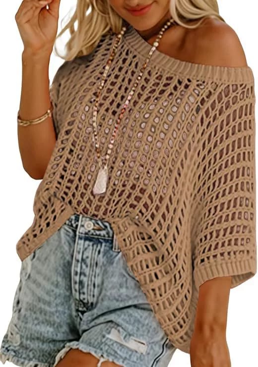 Summer Sale 49% OFF 🎁 Womens Summer Scoop Neck ShortSleeve Sweater Casual Crochet Hollow Out KnitTops
