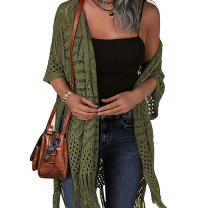 🌸2026 Women’s Lightweight Knit Cardigan – Oversized Open Front, Hollow-Out Crochet Tassel Kimono Sweater for Spring & Summer