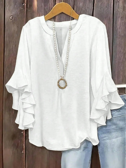 🔥Plus Size Women's Ruffle Sleeve V-Neck Shirt, Elegant Floral Design, Comfortable and Stylish, Perfect for Casual Wear