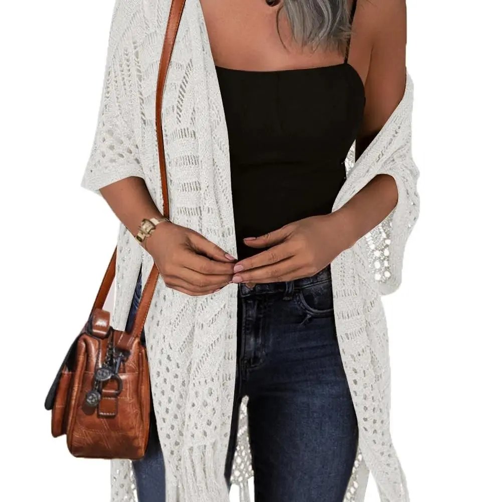 🌸2026 Women’s Lightweight Knit Cardigan – Oversized Open Front, Hollow-Out Crochet Tassel Kimono Sweater for Spring & Summer
