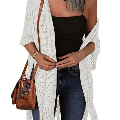 🌸2026 Women’s Lightweight Knit Cardigan – Oversized Open Front, Hollow-Out Crochet Tassel Kimono Sweater for Spring & Summer