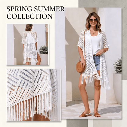 🌸2026 Women’s Lightweight Knit Cardigan – Oversized Open Front, Hollow-Out Crochet Tassel Kimono Sweater for Spring & Summer