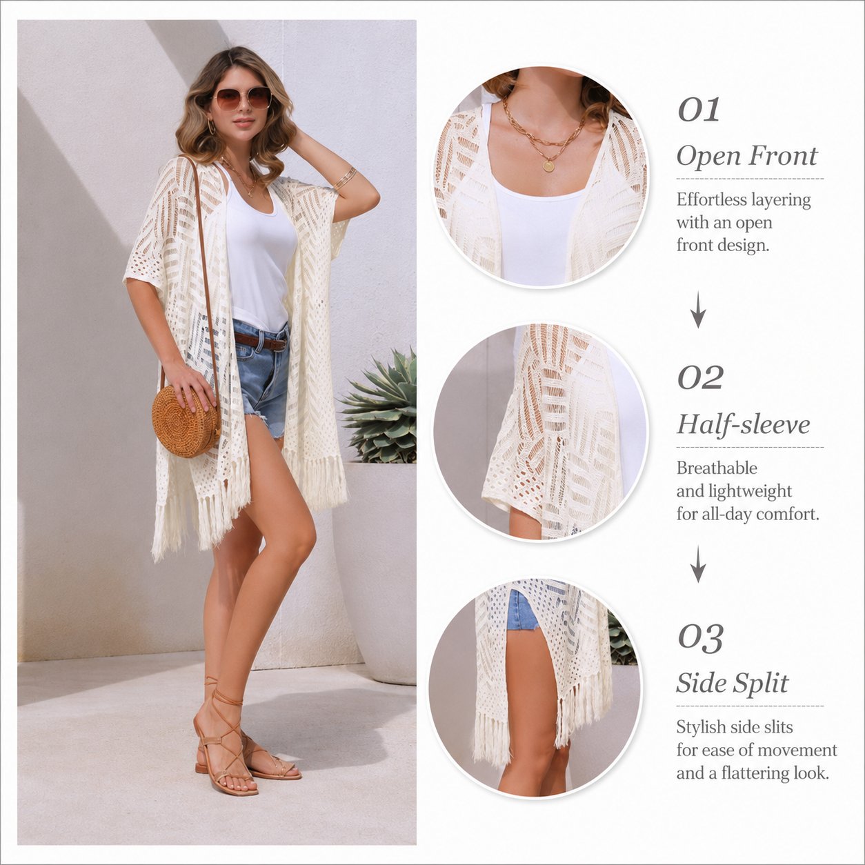 🌸2026 Women’s Lightweight Knit Cardigan – Oversized Open Front, Hollow-Out Crochet Tassel Kimono Sweater for Spring & Summer