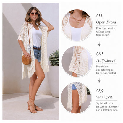 🌸2026 Women’s Lightweight Knit Cardigan – Oversized Open Front, Hollow-Out Crochet Tassel Kimono Sweater for Spring & Summer