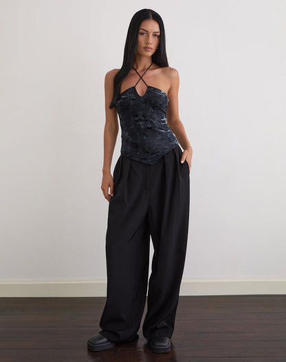 Daiki Halterneck Top in Leaf Velvet Dark Blue