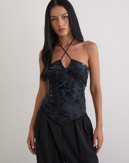 Daiki Halterneck Top in Leaf Velvet Dark Blue