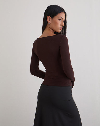 Donela Long Sleeve Top with Flower Ring in Bitter Chocolate