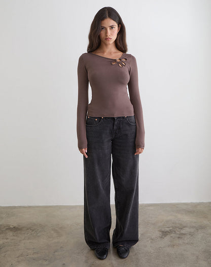 Donela Long Sleeve Top with Flower Ring in Coffee Quartz