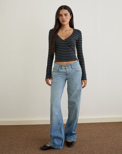 Dulcet Ribbed Plunge Top in Classic Striped Navy and Grey