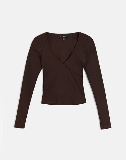 Dulcet Ribbed Plunge Top in Chocolate Brown
