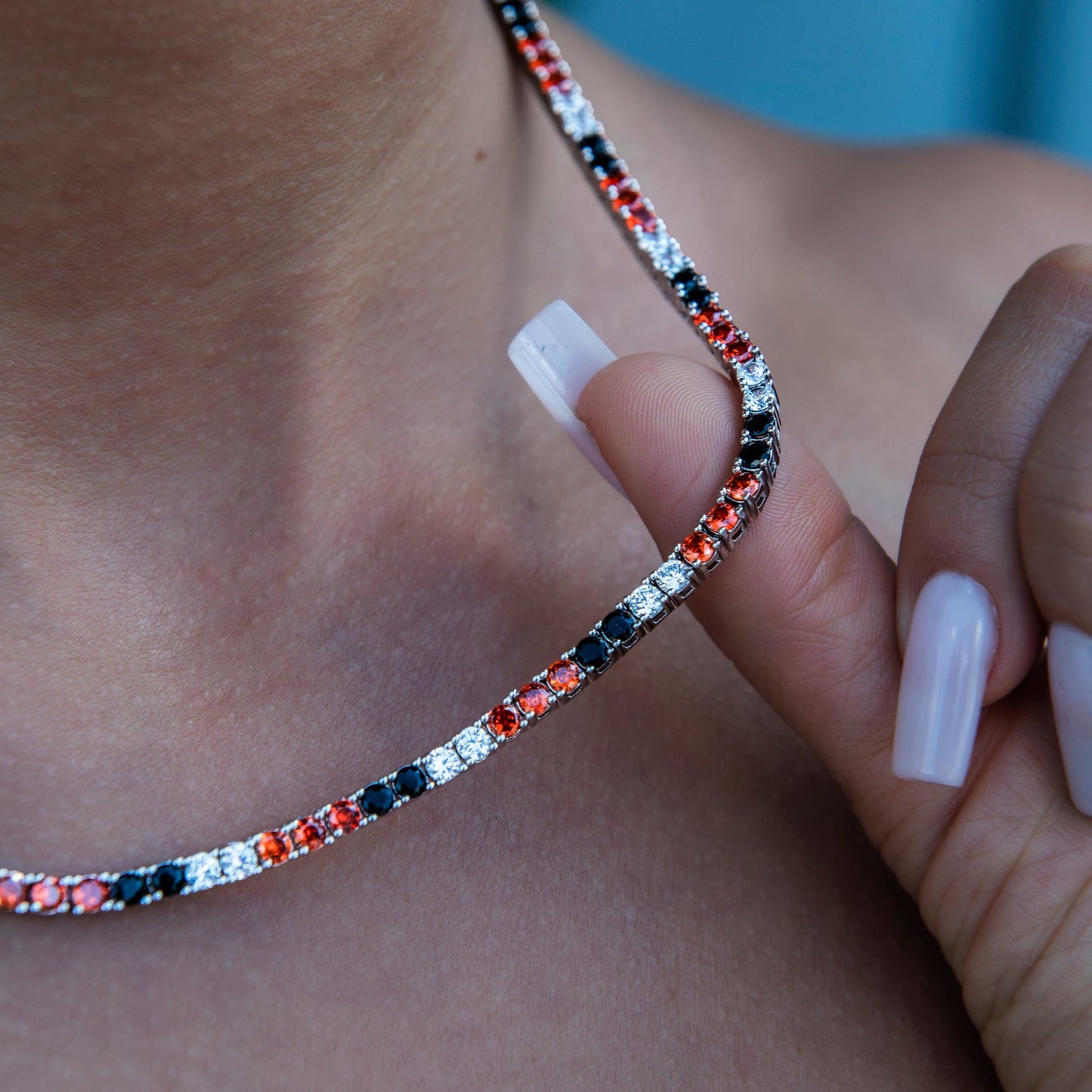 3MM Diamond Tennis Necklace - Black Orange White