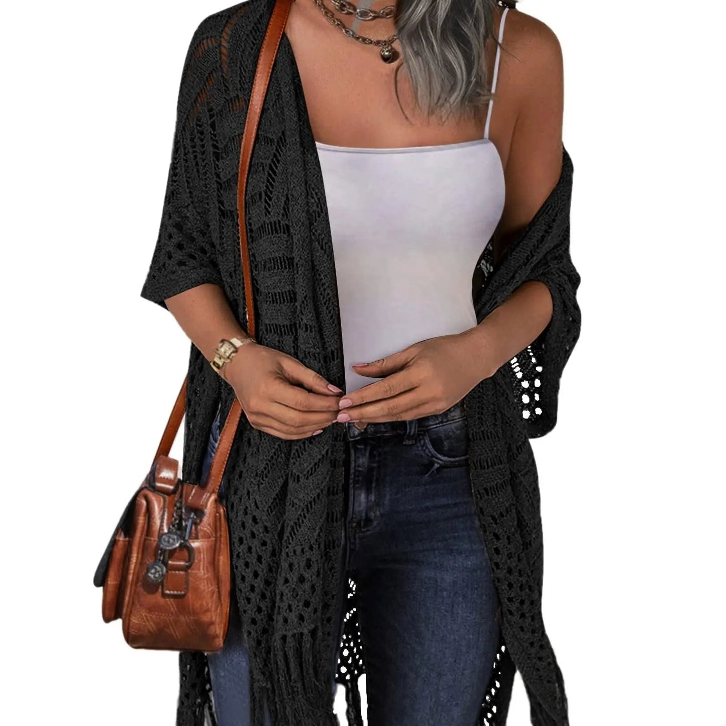 🌸2026 Women’s Lightweight Knit Cardigan – Oversized Open Front, Hollow-Out Crochet Tassel Kimono Sweater for Spring & Summer