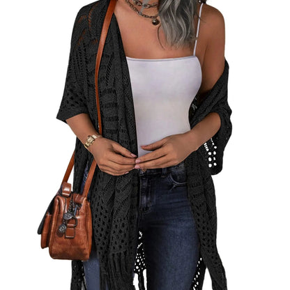 🌸2026 Women’s Lightweight Knit Cardigan – Oversized Open Front, Hollow-Out Crochet Tassel Kimono Sweater for Spring & Summer