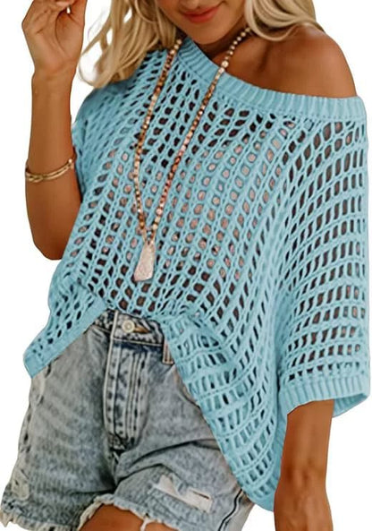Summer Sale 49% OFF 🎁 Womens Summer Scoop Neck ShortSleeve Sweater Casual Crochet Hollow Out KnitTops