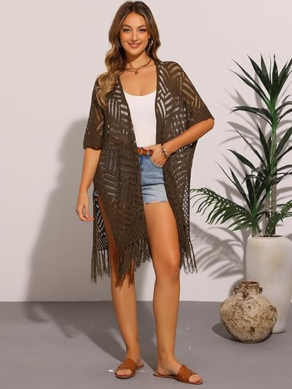 🌸2026 Women’s Lightweight Knit Cardigan – Oversized Open Front, Hollow-Out Crochet Tassel Kimono Sweater for Spring & Summer
