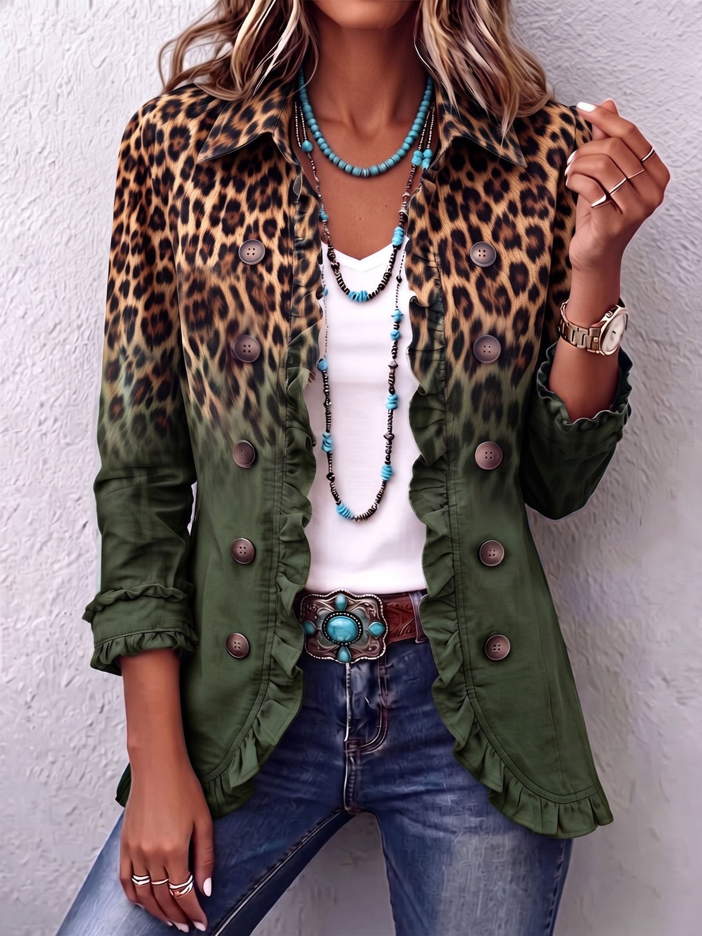 Bold Boho Leopard & Teal Ruffle Blazer Jacket