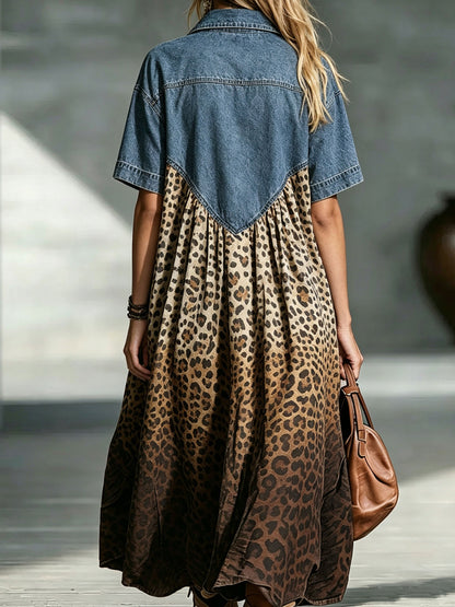 Women’s Denim Spliced Gradient Leopard Print Shirt Midi Dress