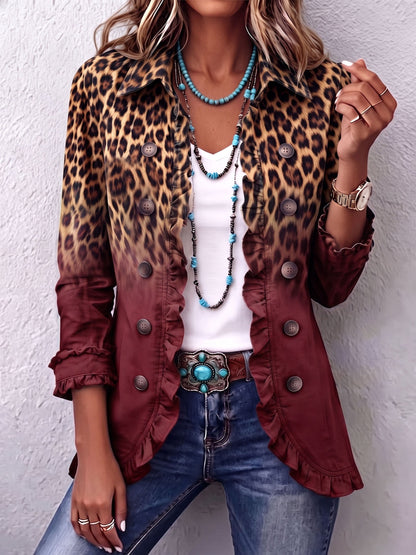Bold Boho Leopard & Teal Ruffle Blazer Jacket