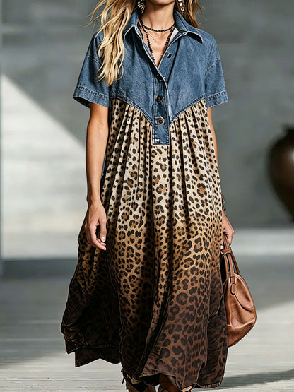 Women’s Denim Spliced Gradient Leopard Print Shirt Midi Dress