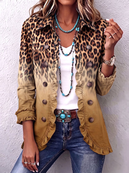 Bold Boho Leopard & Teal Ruffle Blazer Jacket