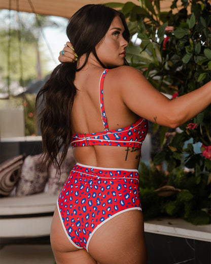 Women's Coastline High Waisted Bikini Bottom - Red, White, & Blue Leopard
